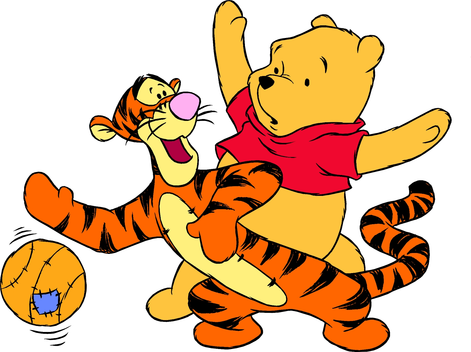 Winnie The Pooh and Tigger playing with a basketball.