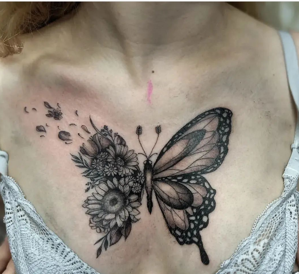 Butterfly & Autumn Flower Chest Tattoo For Women