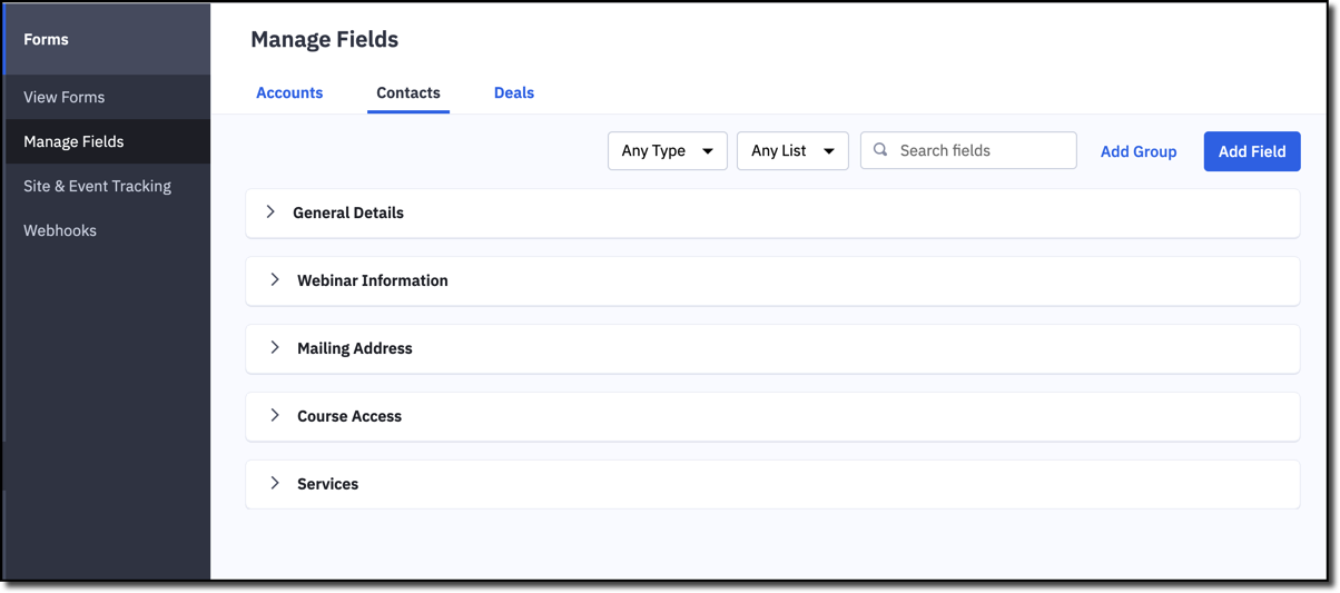 Use groups to organize your ActiveCampaign custom fields.