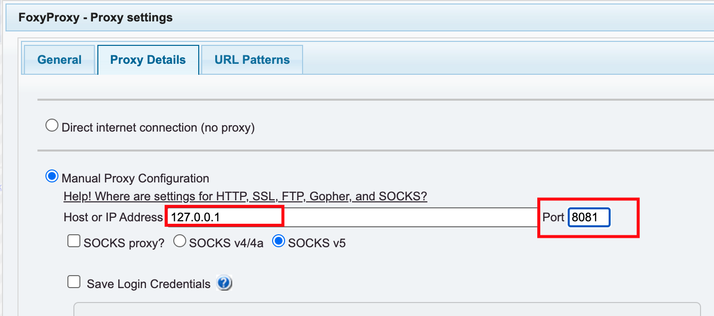 FoxyProxy settings in Chrome showing Manual Proxy Configuration selected with the IP address set to 127.0.0.1 and the port set to 8081.