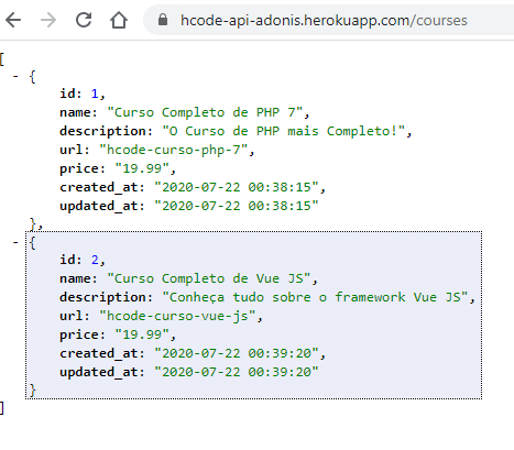 Lista de cursos em nossa API no Heroku