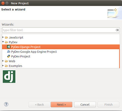 Select PyDev Django Project