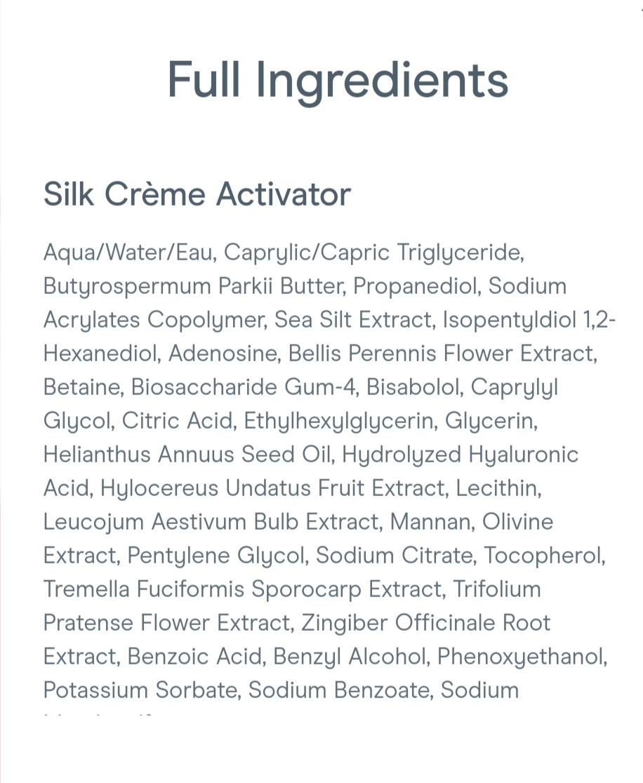 NuFace Silk Creme Activator ingredients 