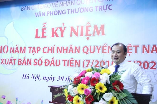 Đồng chí Lê Hải Bình, Phó Trưởng ban Chuyên trách Ban Chỉ đạo công tác thông tin đối ngoại, Vụ trưởng Vụ Thông tin đối ngoại và Hợp tác quốc tế, Ban Tuyên giáo Trung ương phát biểu tại Lễ kỷ niệm. Ảnh Đỗ Anh