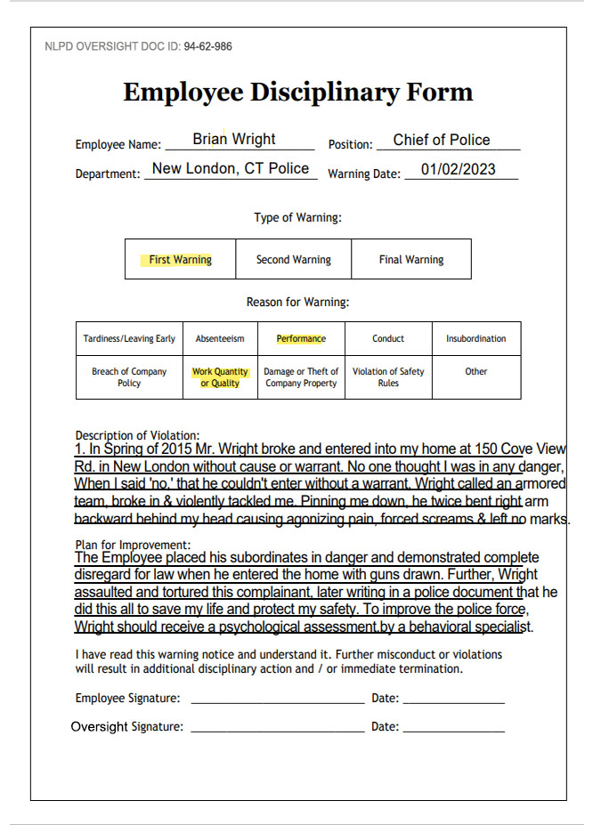 Image of the Employee Complaint form used to complain about the use of excessive fore by Chief Wright.