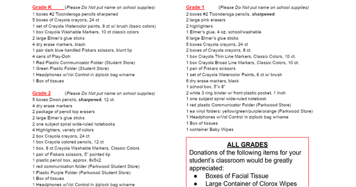 Copy of 2021-2022 Parkwood Student Supply List 