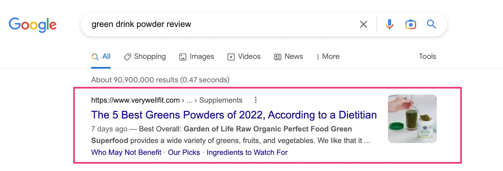 google search results for green drink powder review