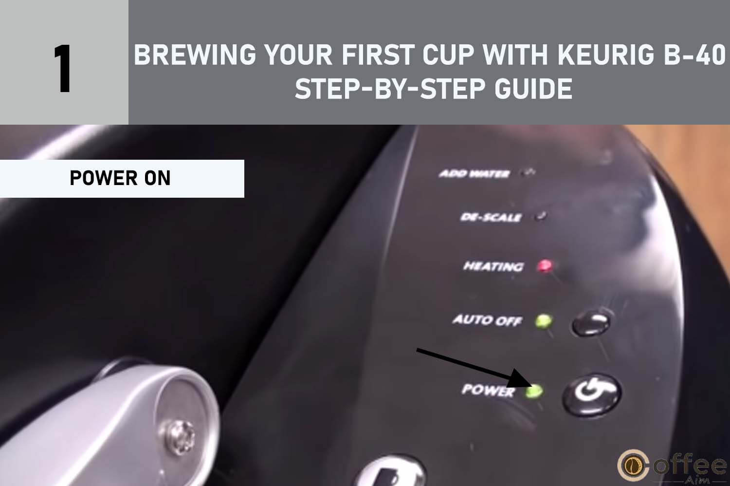 The provided image illustrates the process of "Powering On" as outlined in the comprehensive guide "Brewing Your First Cup with Keurig B-40: A Step-by-Step Guide" featured within the article "How to Use the Keurig B-40." This visual depiction effectively elucidates the initial step of activating the Keurig B-40 Brewer, setting the stage for a seamless brewing experience