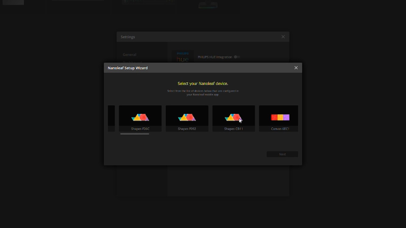 Selecting your Nanoleaf Device while setting up the CORSAIR iCUE integration