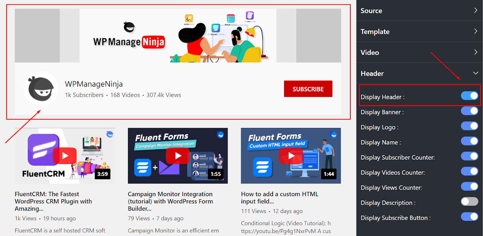 youtube settings display header