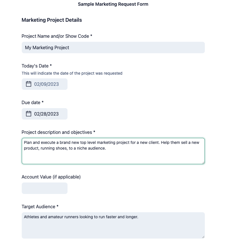 Sample marketing request form.