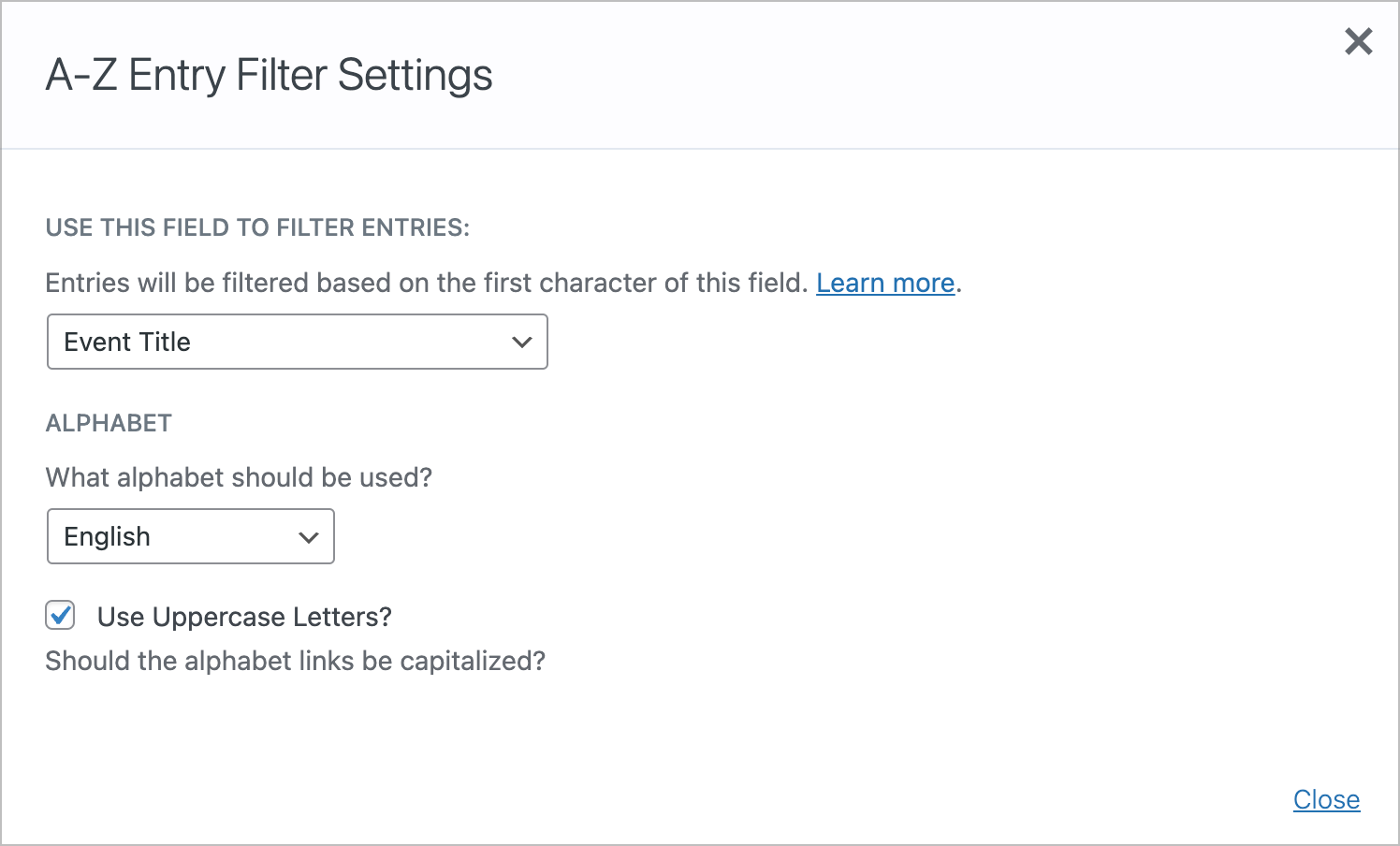 The A-Z Filter widget settings