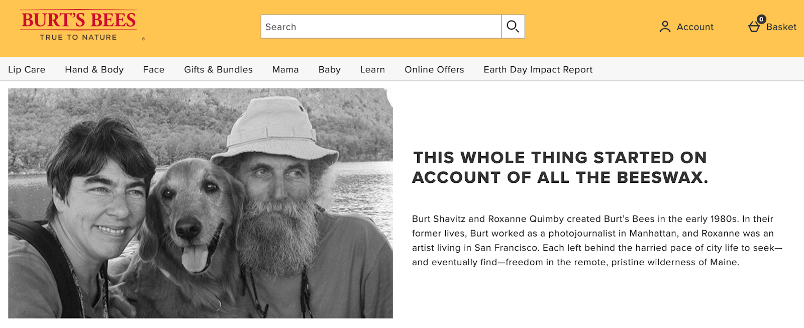 Screenshot of Burt's Bees brand story, "This Whole Thing Started on Account of All the Beeswax," which can help build trust with customers.