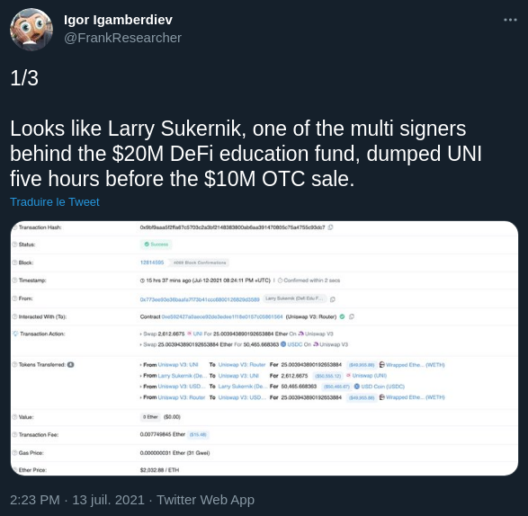 Publication Twitter d'Igor Iganberdiev de chez The Block sur la vente de 50 000 dollars de jetons UNI 