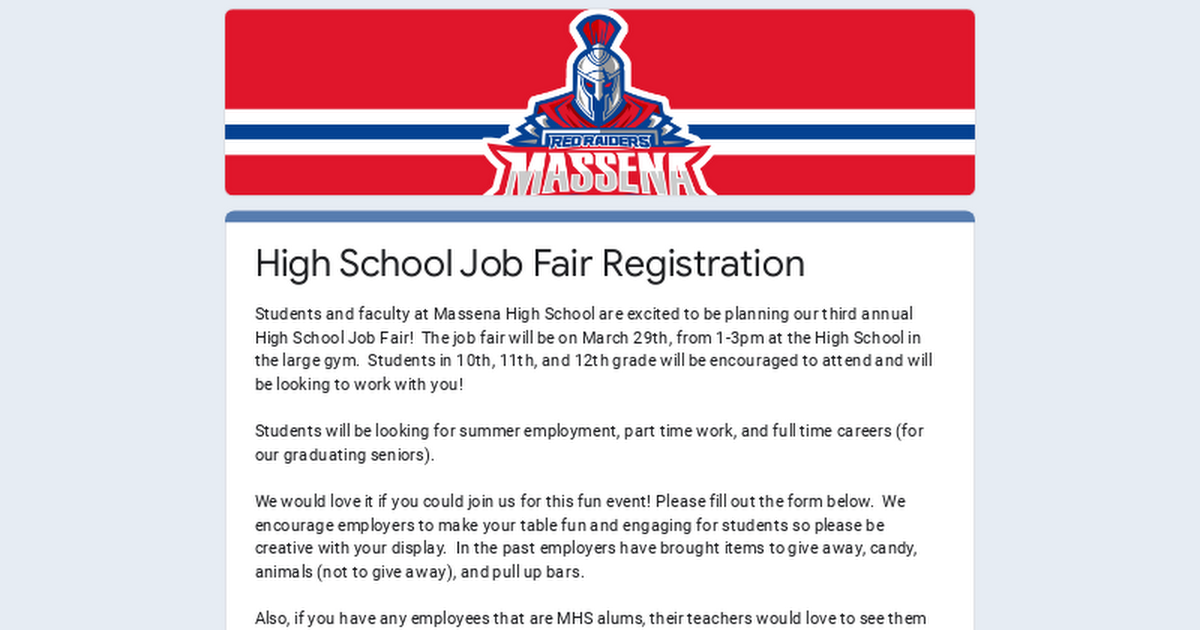 High School Job Fair Registration