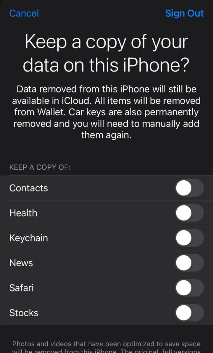 keep some copies of data on this iPhone  apple id setting