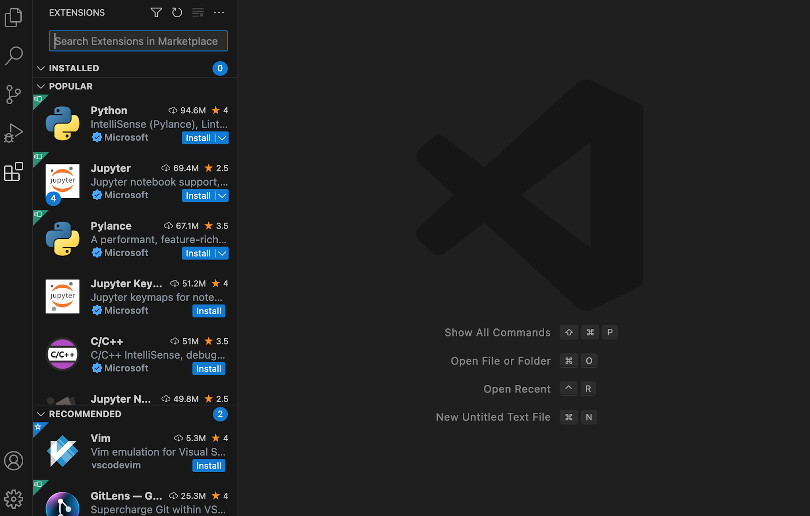 The VSCode extensions tab shows the top and most popular marketplace extensions.