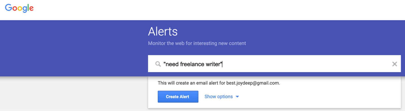 Alerta do Google para precisa de um escritor freelance