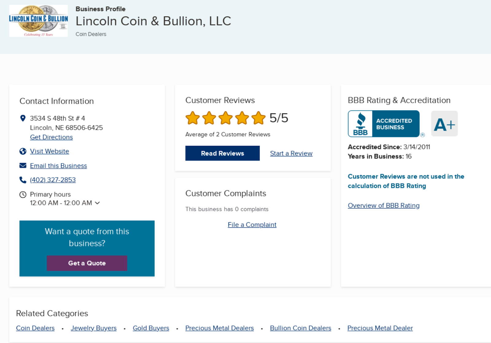 Lincoln Coin & Bullion ratings & review on Better Business Bureau (BBB)