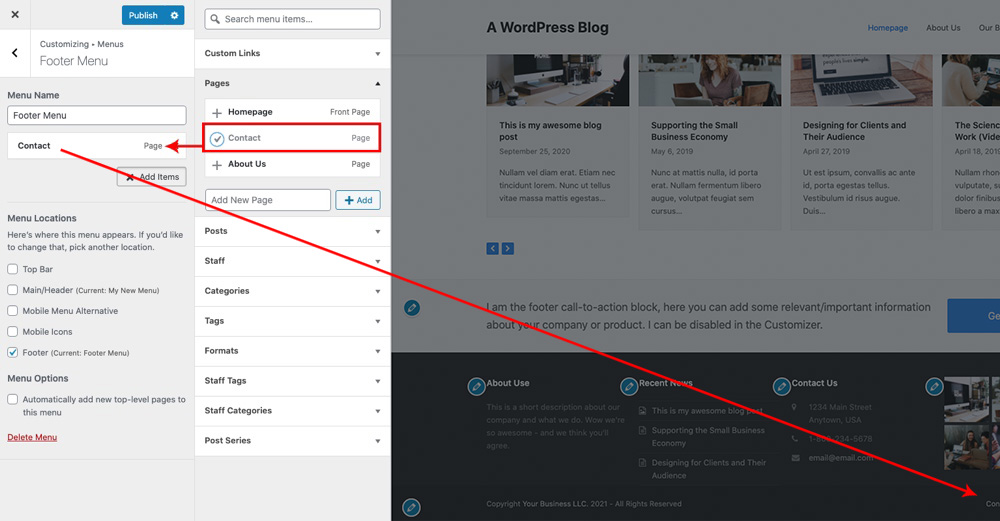 Adicionar página ao menu - Personalizador ao vivo