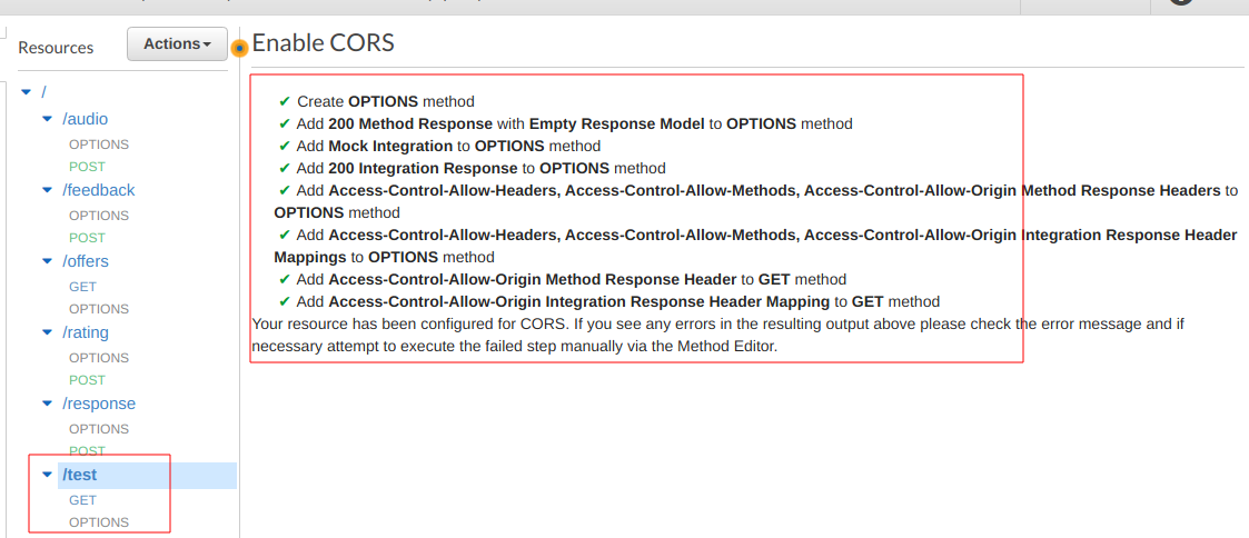 Confirmation popup after enabling CORS-AWS API