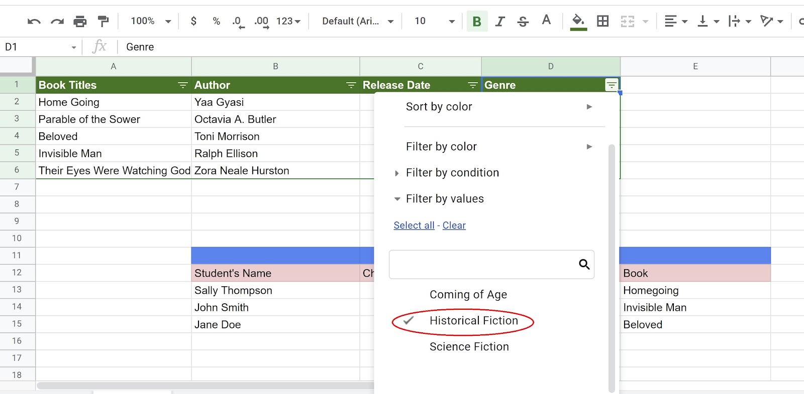 Historical Fiction data value is selected while other values are de-selected in Google Sheets