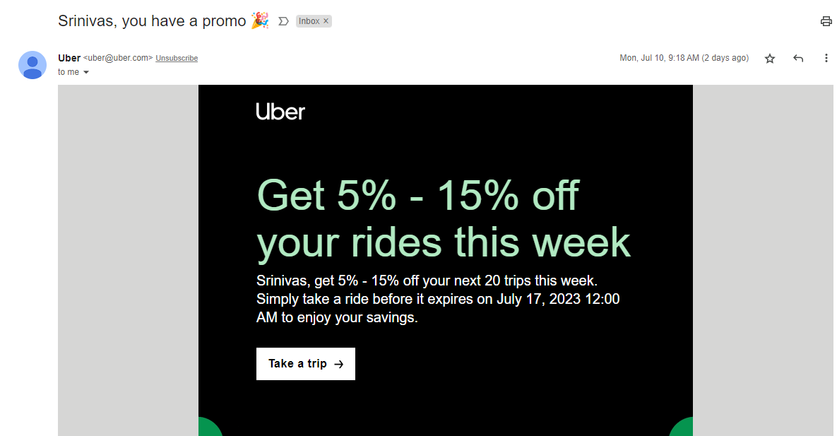 Uber's Promotional Email