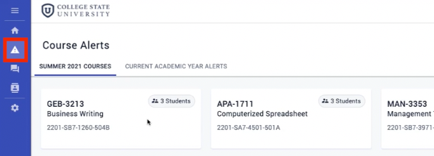 Course Alerts page for those with the Faculty role.