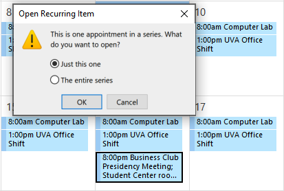 Screenshot of an Open Recurring Item popup window in Outlook