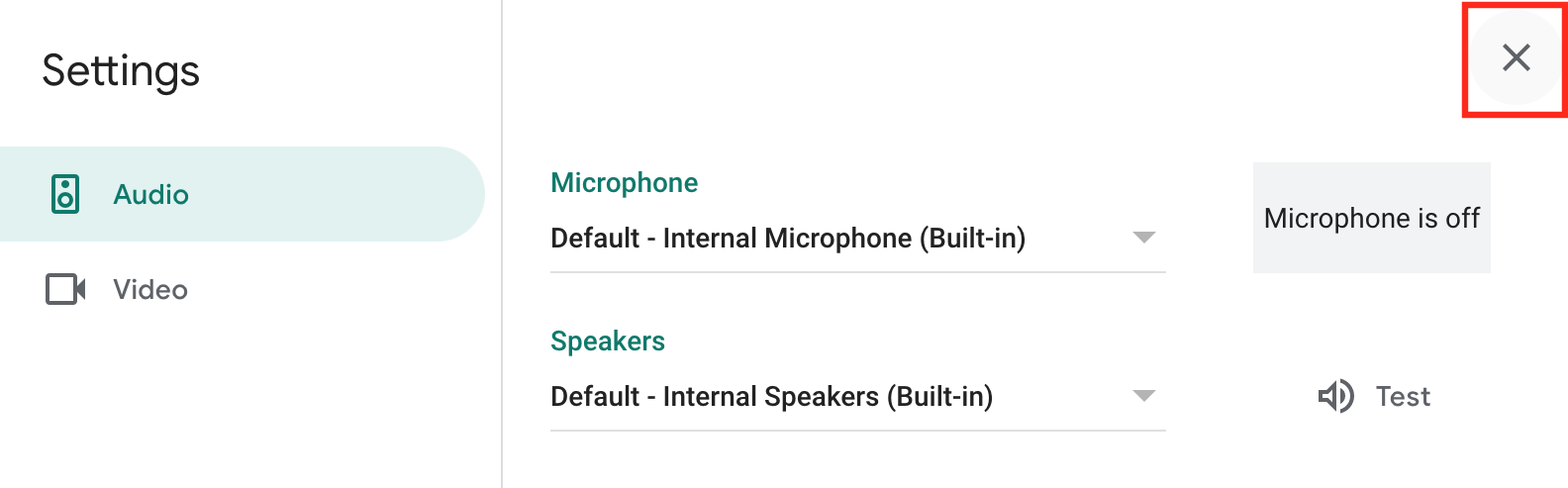 Google Meet Audio and video settings page