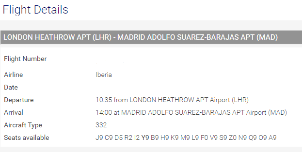 MyIDTravel screenshot showing flight details for a LHR-MAD flight on Iberia with a lot of available seats. 