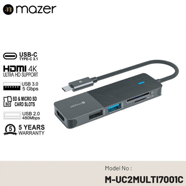 Bộ Chia Cổng Mazer USB-C Multimedia 5in1 (UC2MULTI7001C) hỗ trợ nhiều cổng kết nối và k