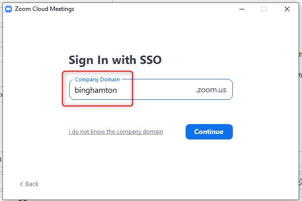 This image displays the Sign in with SSO Company Domain being set to "binghamton". 