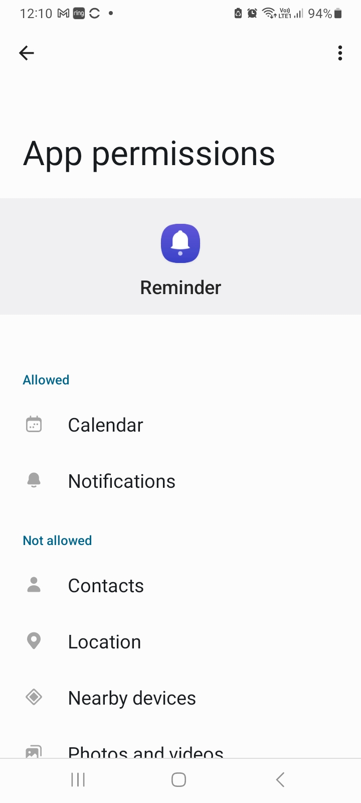 Permissions for Reminder app 