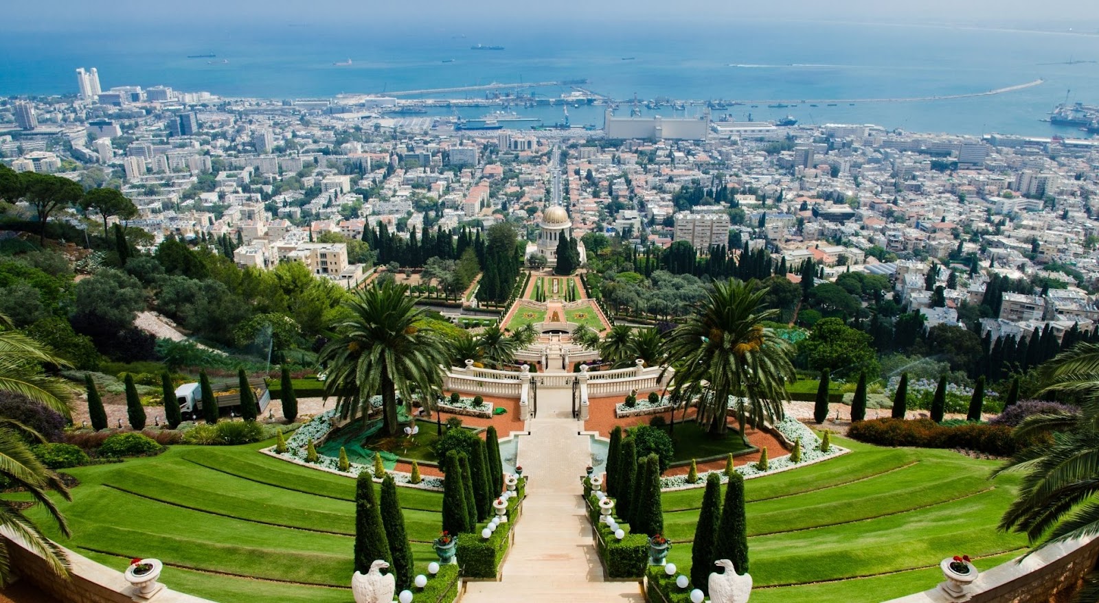 Panoramic travel shot of Haifa from Bahai Gardens