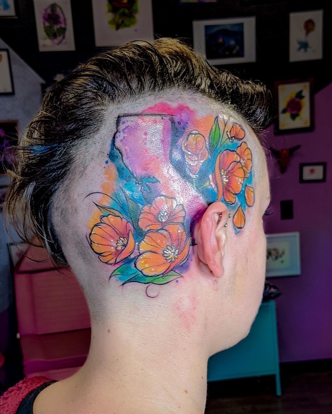 colorful flower tattoo on head