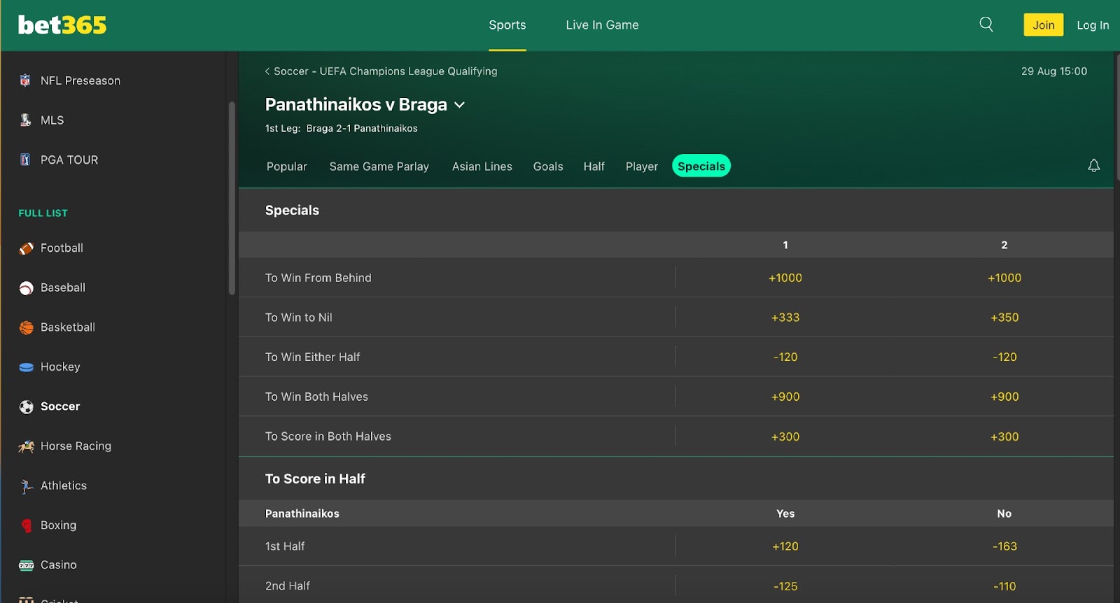 Panathinaikos vs Braga at bet365: To Win to Nil