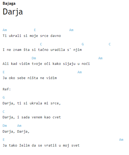 Akordy a text k písni Darja od skupiny Bajaga.