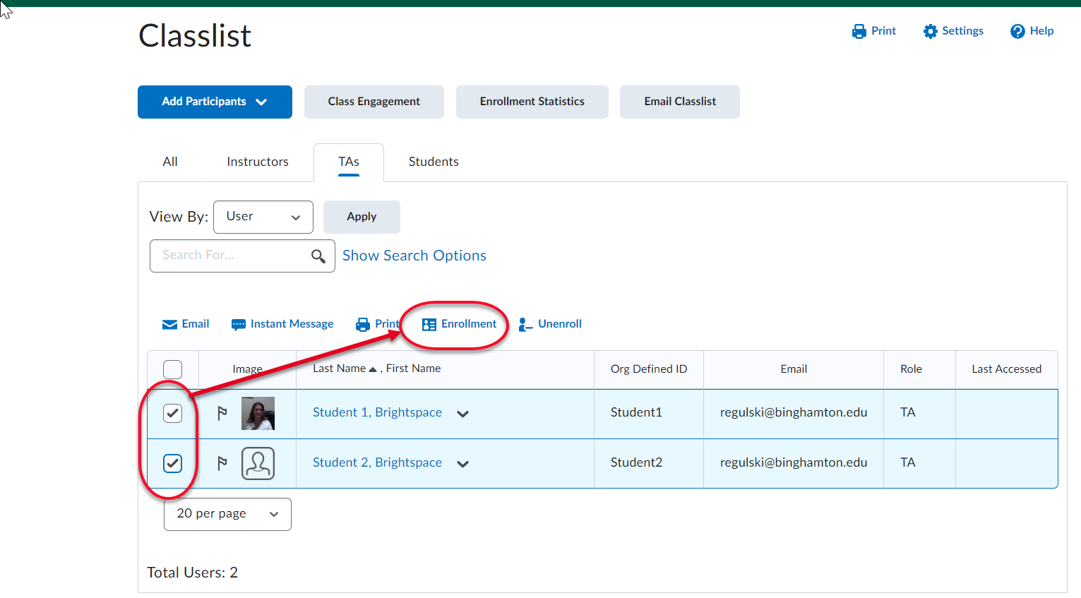 This image shows the checkbox in front of a student's name checked and then points to the "Enrollment" button.