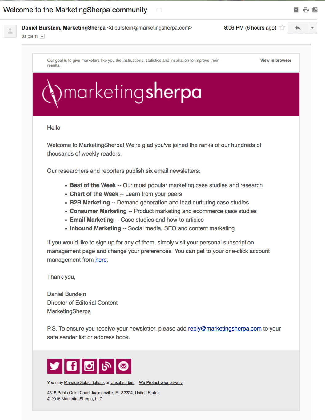 Welcome message - MarketingSherpa