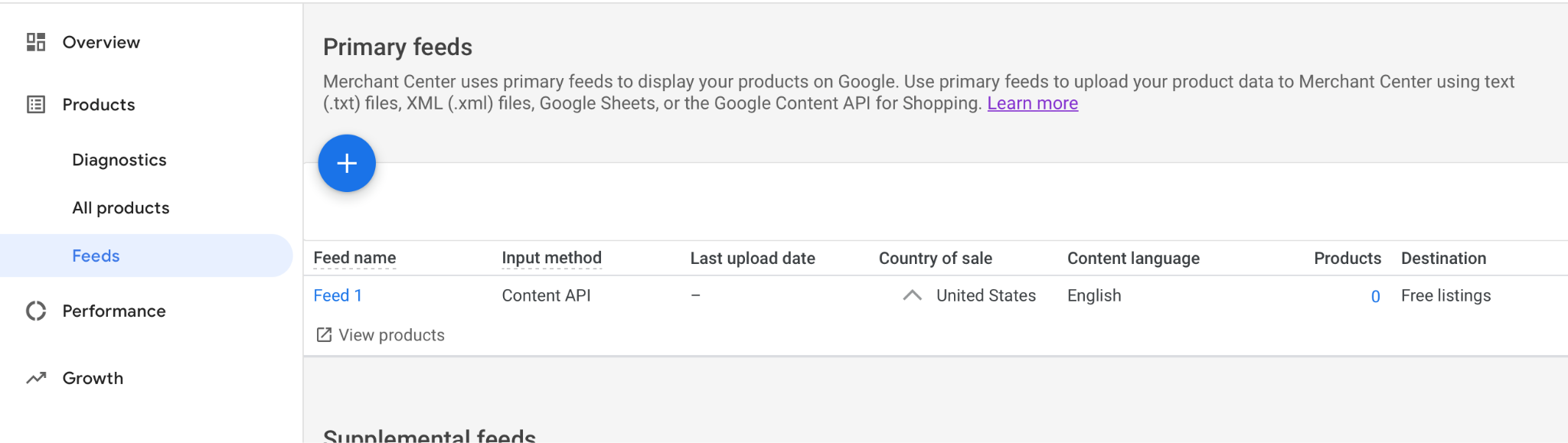 Google Merchant Center Dashboard Page, Primary Feed