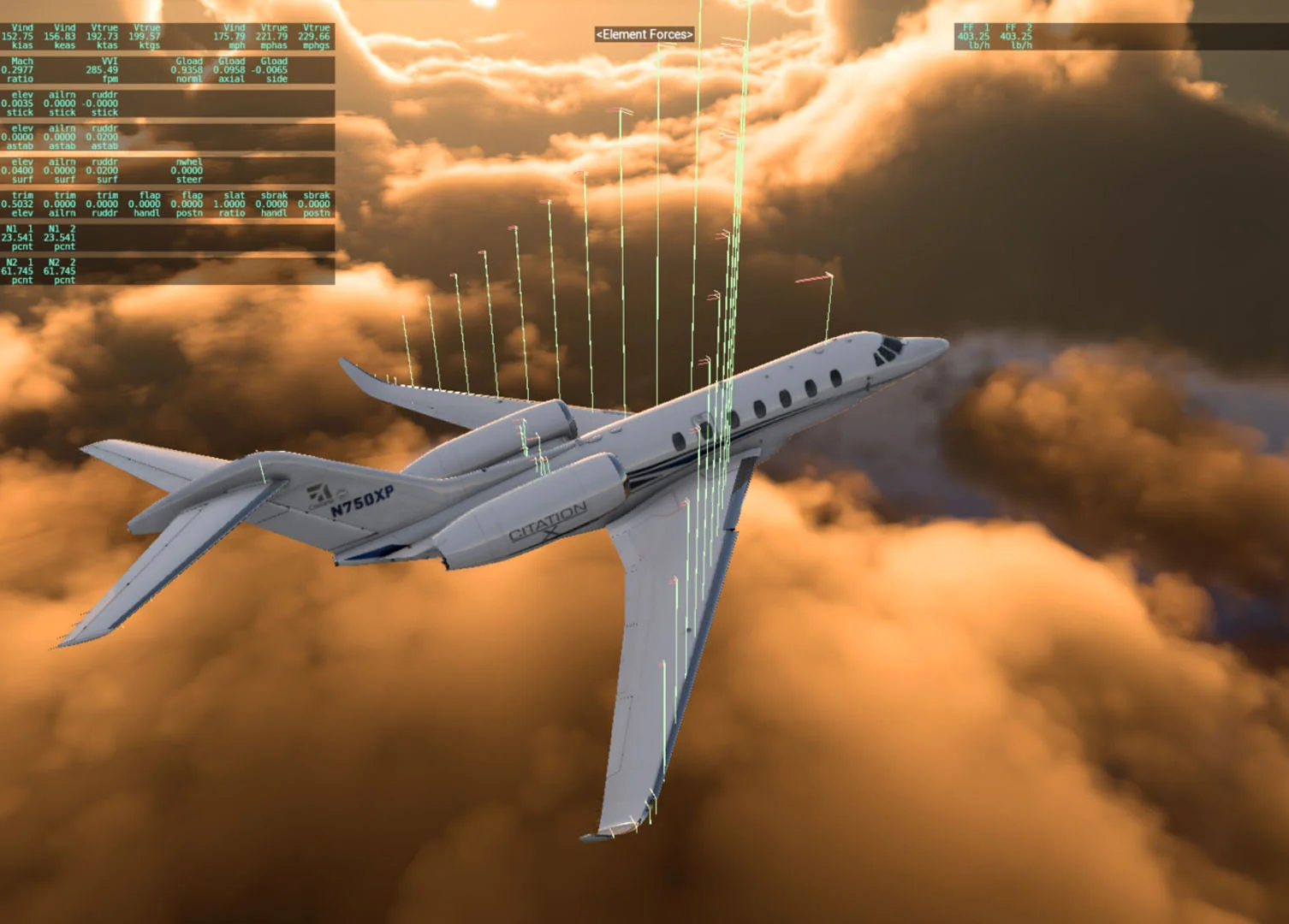 A screenshot of the visual representation of blade element theory in X-Plane.
