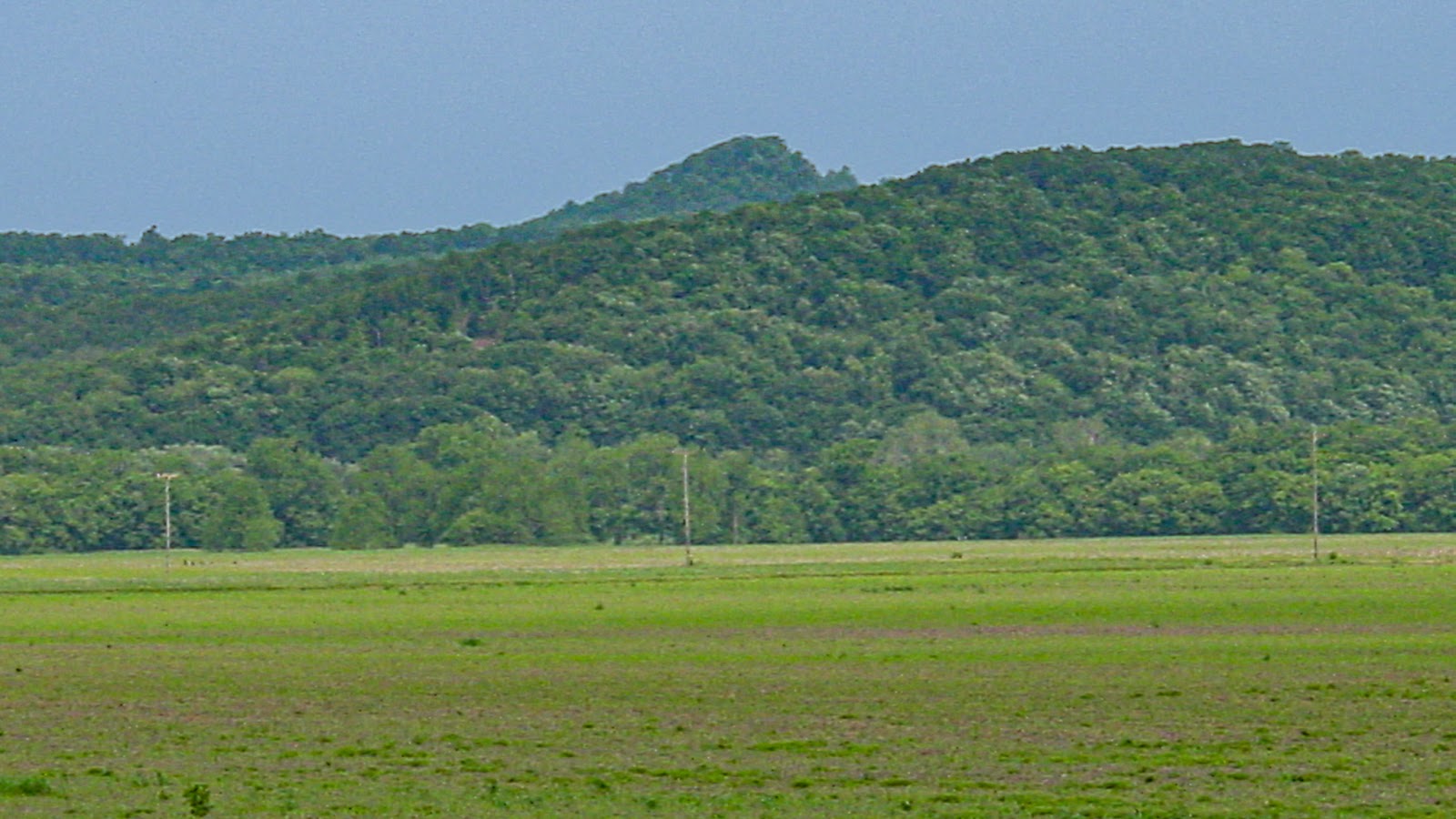 Green field with small hill and blue sky in the distance