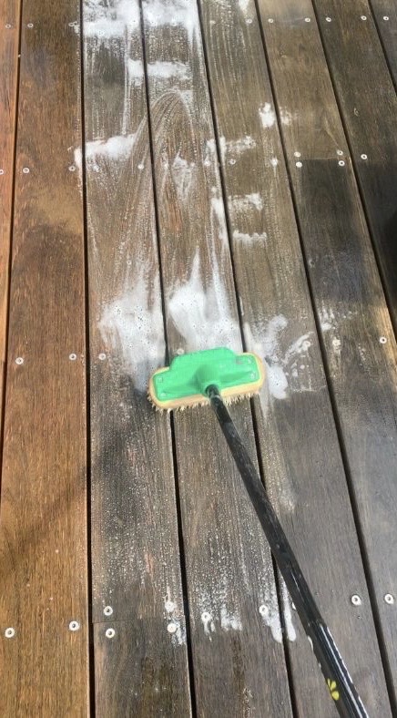 Deck brightener removes stains without a pressure washer