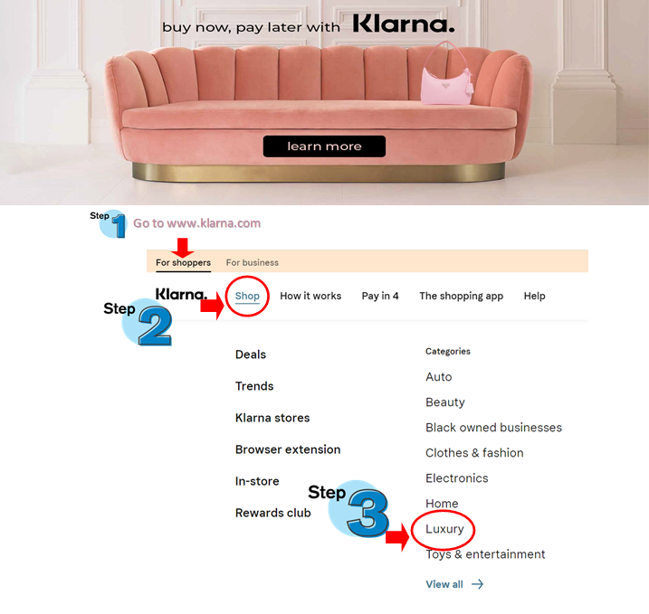 Steps on  how to access luxury shops in Klarna 