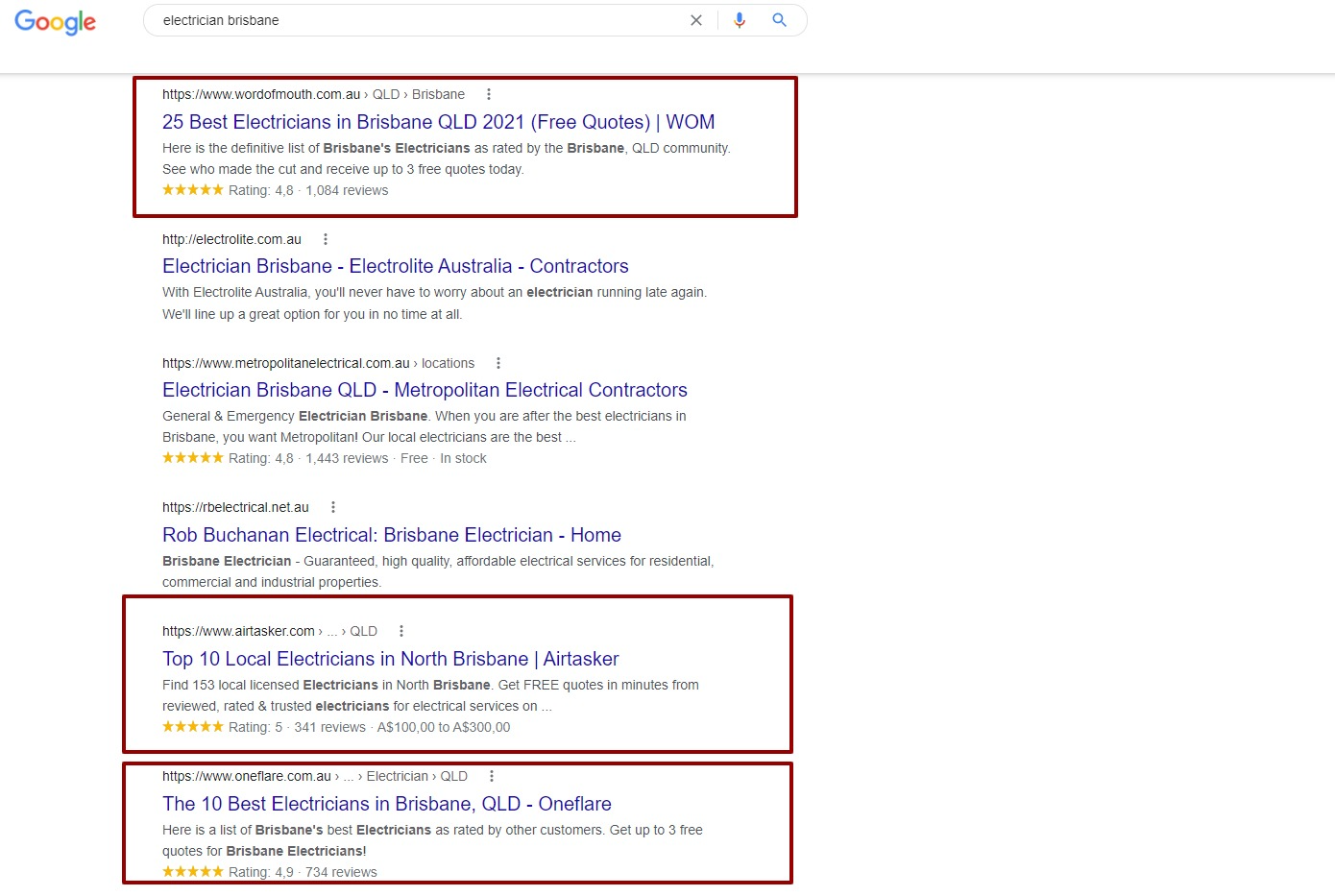 Google search results for electrician brisbane