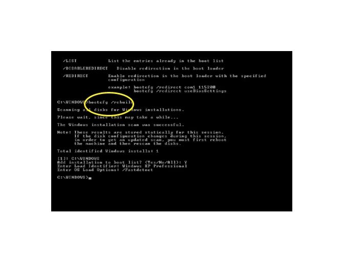 if you want to reconfigure boot.ini file to remove any defects, you may use the following command: bootcfg /rebuild