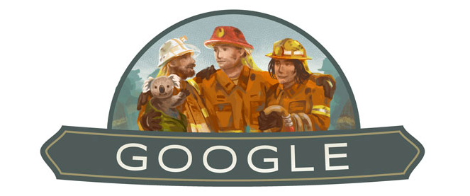 Doodle featuring three firefighters in firefighting gear and helmets and a koala, all covered with soot/ash