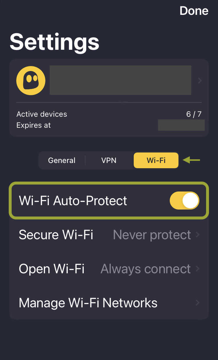 CyberGhost VPN iOS app showing Wi-Fi tab options, with a box highlighting the Wi-Fi Auto-Protect feature