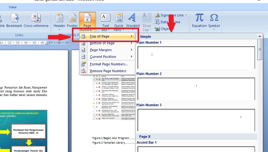 Pilih posisi dan tampilan nomor halaman di Ms Word yang dirasa paling sesuai. Misalnya pilihan "Top of Page"